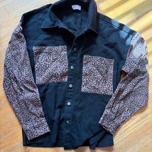 Pink Lily Black and Leopard Print Jean Jacket